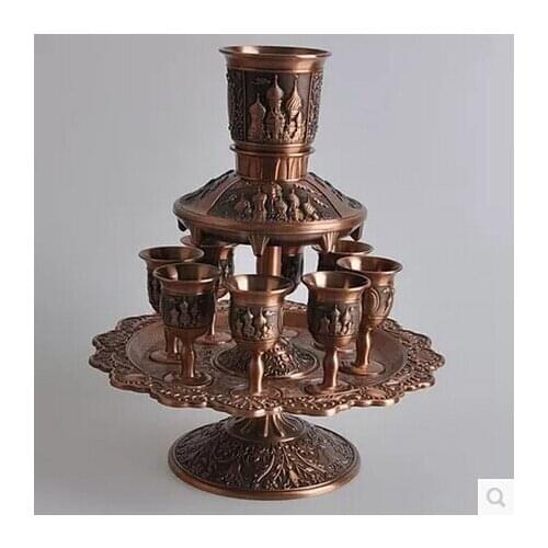 8PCS/set bronze metal wine set 1flagon6cups tower beer whiskey decanter for home decoration JJ018
