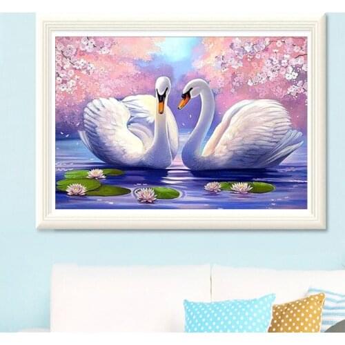 DIY 5D Diamond Embroidery Swans swimming Round Diamond Painting Cross Stitch Kits Diamond Mosaic Home Decoration