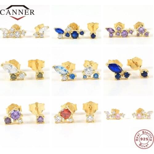 CANNER 100% 925 Sterling Silver Colorful Zircon Stud Earrings for Women Piercing Earring Jewelry Girlfriend Jewelry Accessories