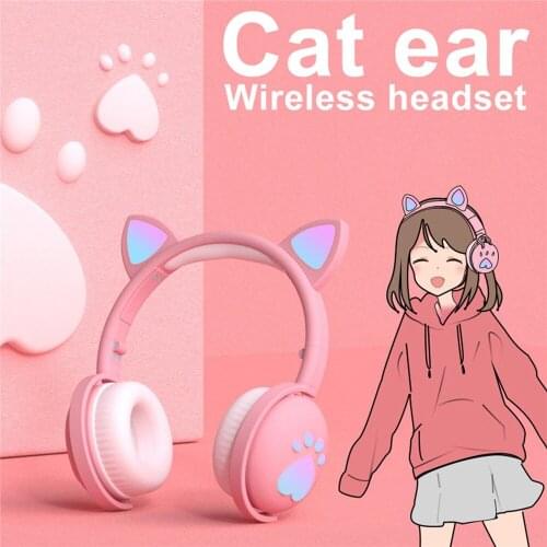 Bluetooth Headphones Glowing Cute LED Cat Ear Paw Girls Gift Kids Headset Wireless HIFI Stereo Bass Plug With Mic Headphone