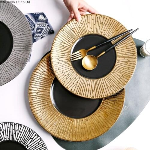 Gold Striped Dish High-end Hotel Restaurant Decoration Disk 8.5 Inch Ceramic Round Service Deluxe Home Tableware Supplies