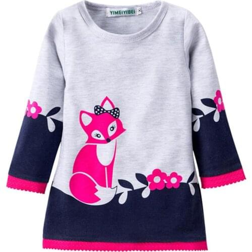 Nice Brand Flower Fox Girl Dresses Autumn Girls Dress Printed Lace Baby Clothes Princess Sleeve Cotton Robe Children Cloth