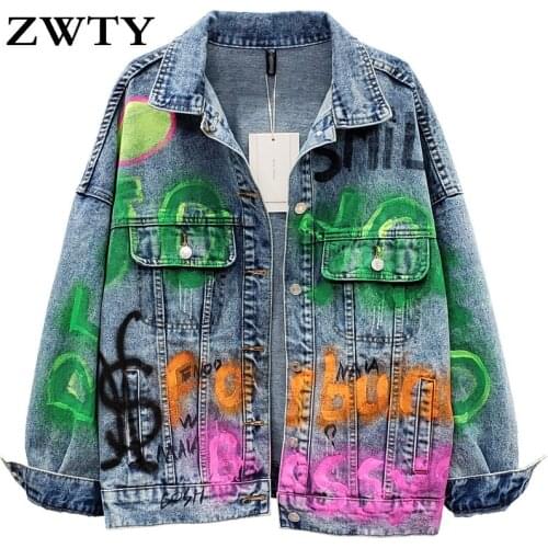 ZWTY Denim Jacket Letter Painted Print Frayed Harajuku Washed Denim coat Chaqueta mujer primavera Casual Fashion Jean jacket