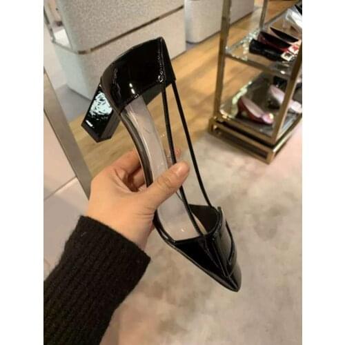 Kmeioo classic office lady shoes woman square toe chunky heels shallow transparent pumps career med heels