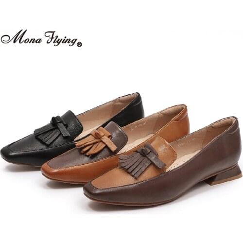 Mona Flying Women Solid Genuine Leather Penny Loafers Moccasins Hand Made Slip-on Casual Flat Shoes 2020 New Arrival 1218-12