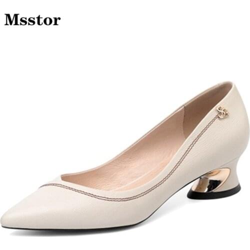 Strange Style Black Heels For Women Rivet Genuine Leather Shallow Solid Sewing Fetish High Heels Pointed Toe Ladies Pumps Sexy