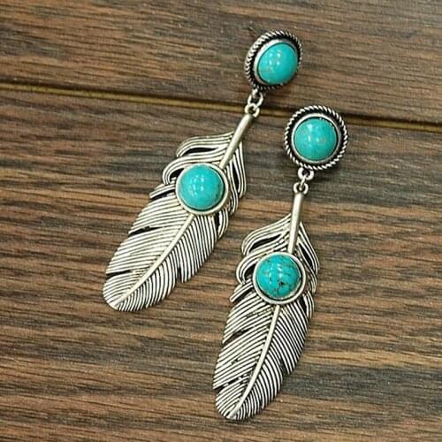 Factory wholesale Bohemian feather shape Inlaid Turquoise Earrings popular plating 925 retro Thai silver earrings Christmas gift