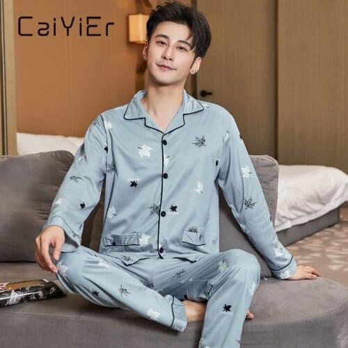 CAIYIER New 2021 Autumn Winter Men Pajamas Set Long Sleeve Sleep Tops + Trousers Mens Lounge Wear Soft Nightwear pijamas men