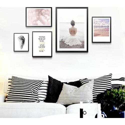 Nordic Scenery Posters And Prints Wall Art Canvas Painting, Girl Feather Wall Pictures For Living Room Print