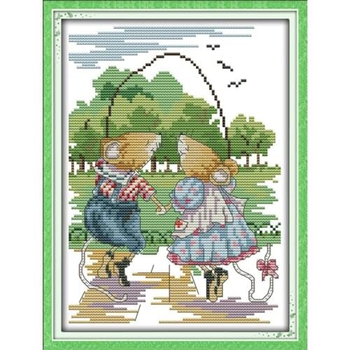 Joy Sunday Counted Cross Stitch Stamped Cartoon Patterns Skipping Mice 11ct Printed Embroidery Needlework 14ct Cross Stitch Kit