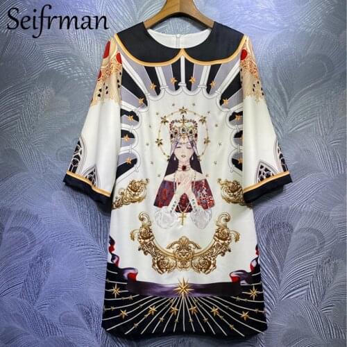 Seifrmann Women Summer Fashion Runway Party Short Dress Half Sleeve Gorgeous Crystal Beading Vintage Printed Ladies Loose Dress