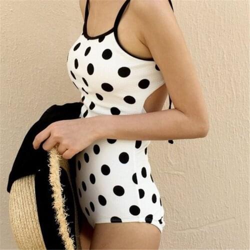 Sexy Open Back One Piece Swimsuit Women Polka Dot Print Swimwear Push Up Monokini Bandage Swim Suit Backless Bath Suit
