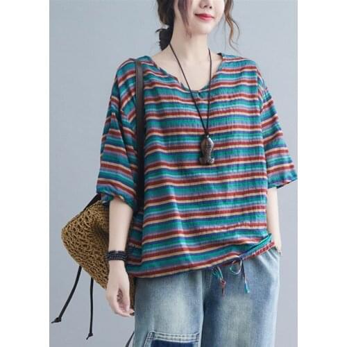 Mixed Color Striped T-shirt For Woman Short Sleeve Summer Style V-neck Cotton Linen Tops Comfortable Female Tee Shirt Femme 2021
