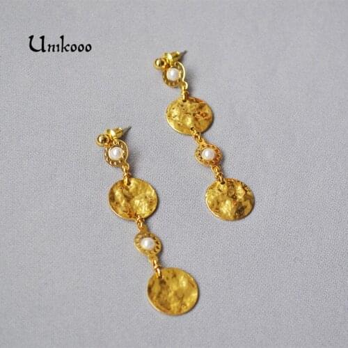 Vintage Pearl Dangle Errings Gold Metal Statement Earrings For Women Disc Earring Hammered Earrings Jewelry Gift