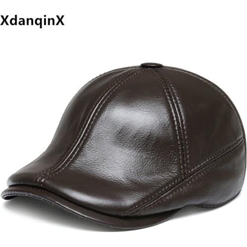 XdanqinX Spring New Natural Genuine Leather Cap First Layer Cowhide Warm Berets For Men Earmuffs Hat Adjustable Size Brands Caps