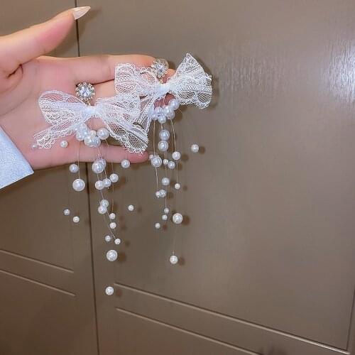 New Korean 2021 Lace BowKnot Tassel Pearl Trendy Sweet Dangle Earrings For Women Fashion Jewelry Statement Wedding Pendientes