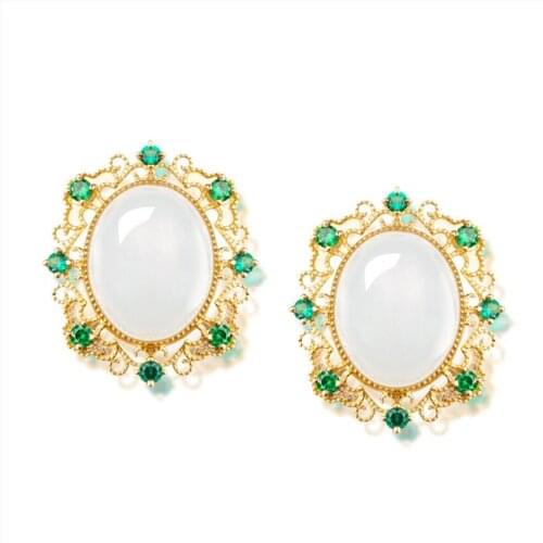 Light Yellow Gold Color Oval Shape White Quartz Stone Stud Earrings for Women with Rhinestone Jewelry