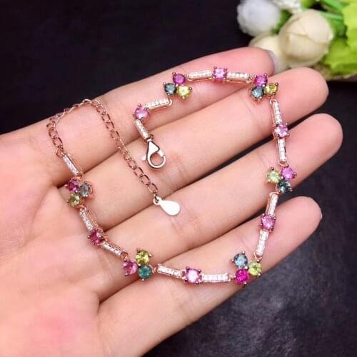 Fashion elegance Slub Natural Multicolor tourmaline Bracelet Natural gemstone Bracelet girl S925 silver gift fine jewelry