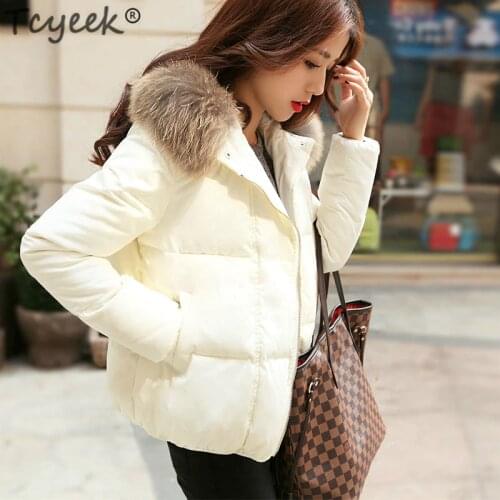 Tcyeek Winter Down Jacket Women Short Down Coat Female Large Fur Hooded Fashion Clothes Ultra Light Duck Down Jacket LWL1043