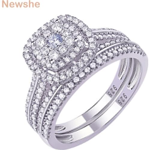 Newshe Halo Wedding Rings For Women 2Pcs Solid 925 Sterling Silver Engagement Ring Bridal Set 1.6Ct AAAAA Zircon Fine Jewelry