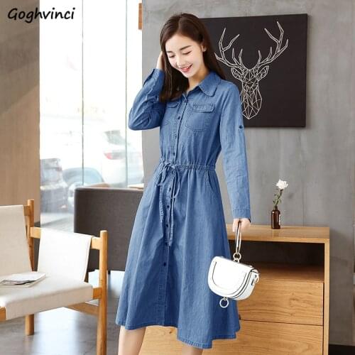 Dress Women Long Sleeve Korean Style Single Breasted Harajuku Turn-Down Collar All-match Pockets Leisure Womens Clothes Daily