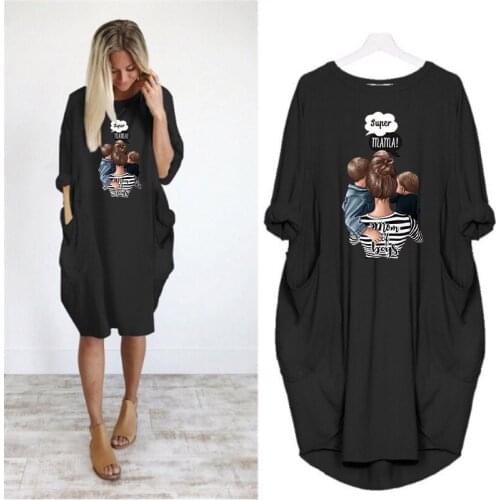 Super MaMa Print Womens Midi Dress Long Sleeve Dresses Plus Size O-Neck Loose Pocket Casual Vintage Vestidos Robe Femme Autumn