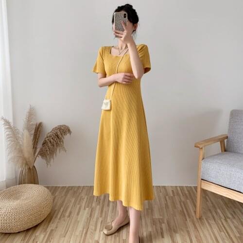 Knitted Dress for Women 2021 A-line Neckline Large Hem Long Dress Summer Sexy Leaking Back Ice Silk Knit Short-sleeved Women