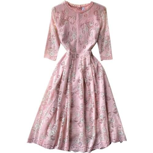 New Spring Autumn Women Elegant Vintage Dress High Quality Fashion Color-blocked Hook Flower Hollow Lace Dress