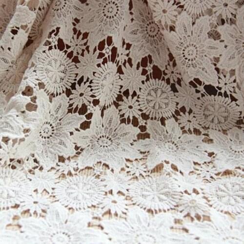 1 Yard Vintage Lace Fabric, Beige Cotton Guipure Fabric with Floral Pattern, Both Sides Scalloped Design