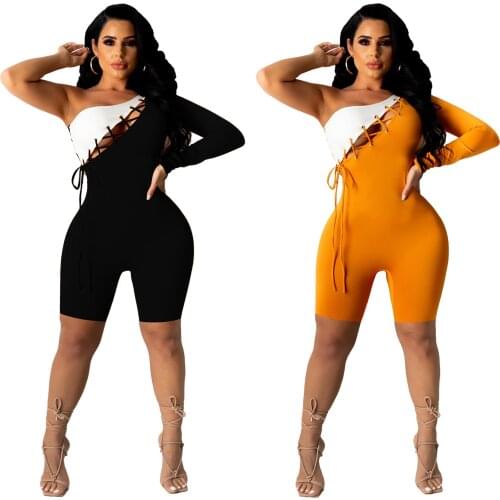 2021 Summer Women Playsuit Patchwork One Shoulder Full Sleeve Bandage Hollow Out Bodycon bodysuit Casual Outfit
