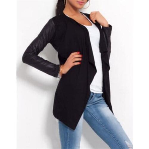 Basic Womens PU Leather Stitching Knitted Long Sleeved Suit Cardigan Small Coat Fashion Leisure Versatile Thin European America