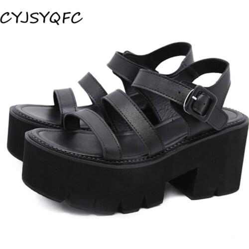 CYJSYQFC Black Platform Women Sandals Summer 2021 Female Shoes Block Heels Belt Buckle Casual Sandals Black Leather High Quality