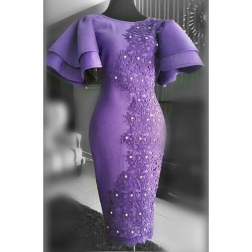 Tea Length Mermaid Evening Dresses Jewel Neck Short Sleeves Cheap Prom Dresses With Lace Appliques Beads Dubai robe de soiree