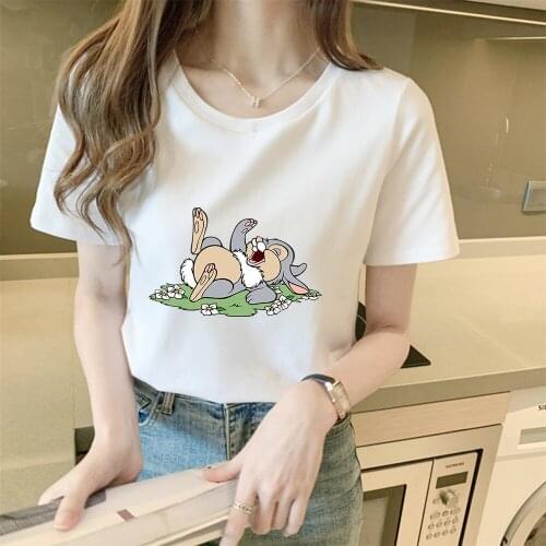 Bambi Printed T-shirts Woman Disney Thumper Cartoon Cute Summer O Neck Short Sleeve Kawaii Streetwear Casual Oversized T-shirt