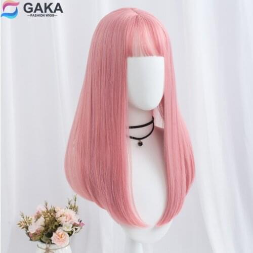 GAKA Womens Long Straight Synthetic Hair Pink Black Mixed Blue Gray Brown Green Cosplay Wig with Bangs