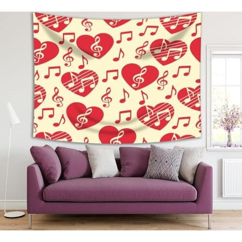 Tapestry Red Heart with Treble Clef and Notes on Beige Background Love for Music Musical Abstract Print