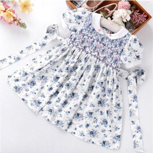Summer little girls dresses smocked hand made cotton peter pan collar flower kids dresses long childrens clothing