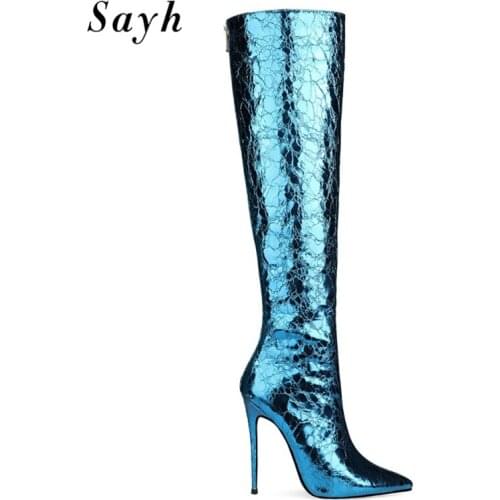 Fashion Winter Woman High Heel Shoes Knee High Boots Pointy Toe Tall Boots Womens Winter Boots Bright Patent Leather Shoes Size