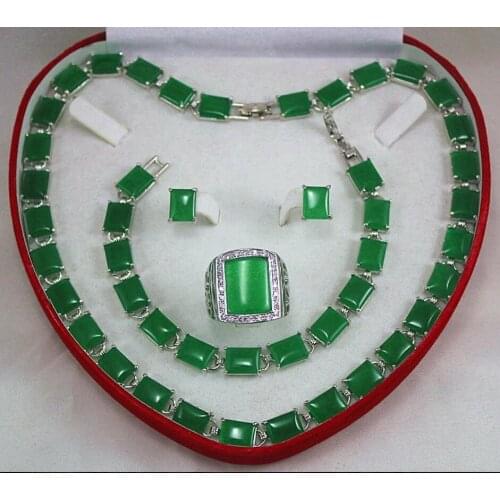 Fashion metal silver plated green Malay jade square Festival Necklace + Bracelet + earring + Ring Set