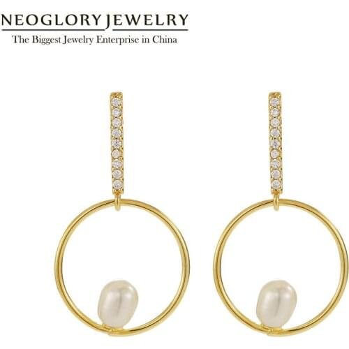 Neoglory Jewelry Simple Pearl Long Dangle Earrings For women Golden Circle with Pearl Ear Accessory For Party New Hot Brand Gift