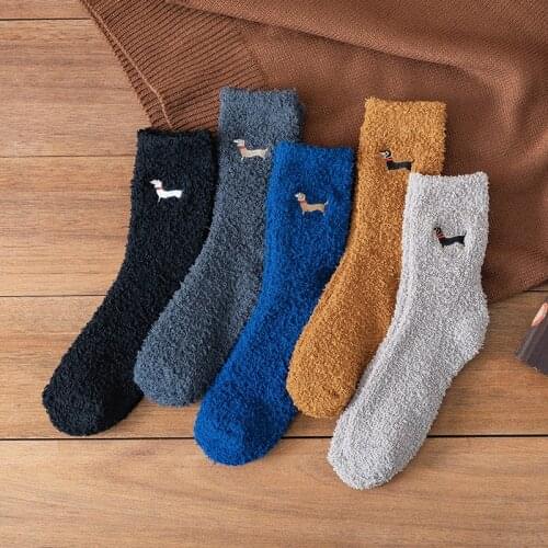 Autumn and Winter Men Coral Fleece Japanese Socks Half Fleece Socks Embroidery Dog Middle Tube Thick Warm Towel Socks