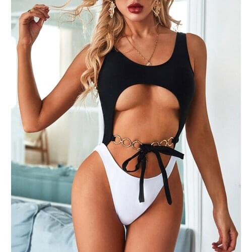 New 2020 Snake Print Tummy Cut Out Monokini Splicing Women Swimwear One Piece Swimsuit Female Metal Chain Belt Bathing Suit swim