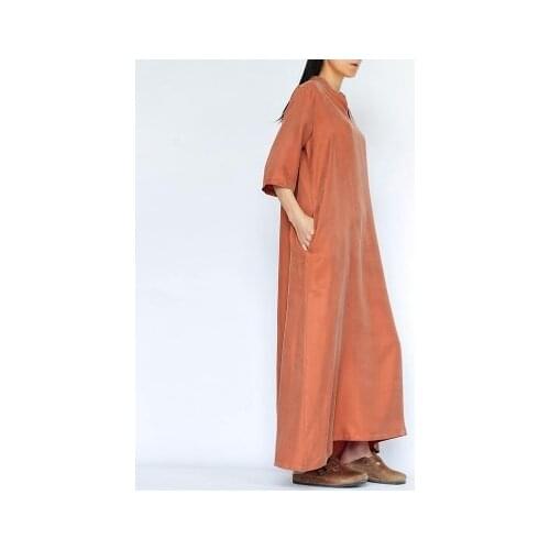 Original design stand collar three quarter sleeve silk cupro vintage loose medium-long full dress female 16357-15