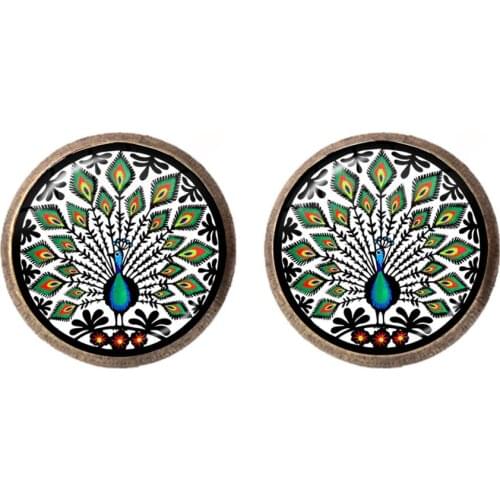 Polish Folk Art Pattern Glass Cabochon Earrings Peacock Ethnic Bohemia Flower Charm Fashion Jewelry For Women Girls Gift