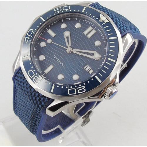 Luxury 41mm Mechancial Men Watch Sapphire Glass Blue Dial NH35 MIYOTA Movement Rubber Band Ceramic Bezel Date Function