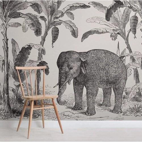 Black White Loxodonta Self Adhesive Wallpapers Vintage Explorer Mural Banana Leaf Art Decor 3d Animal Wallcoverings Removable