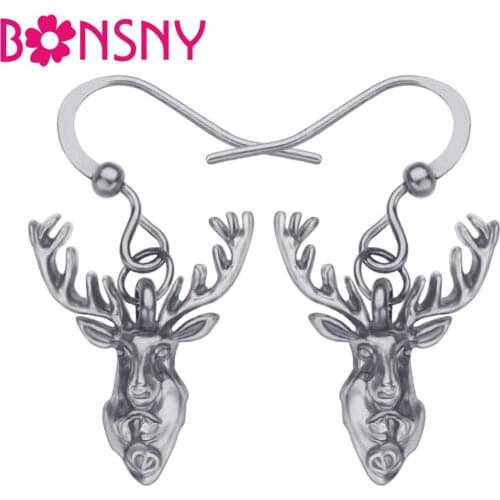 Bonsny Alloy Antique Sliver Plated Moose Elk Earrings Cute Animal Dangle Drop Jewelry For Women Girls Kid Fashion Gift Accessory