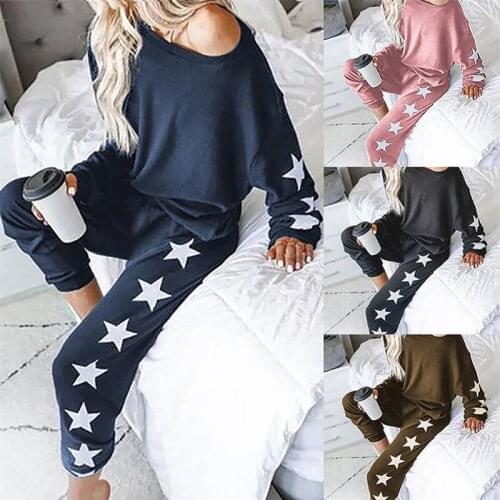 Off Shoulder Tracksuit Women Two Piece Set Autumn Clothing Star Print Top and Long Pants Suits Casual Loose Lounge Wear Outfits