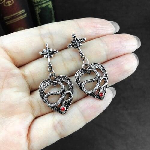 Punk Gothic Vintage Womens Earring Ancient Silver Color Cross Hollow Heart Shaped Snake Ear Stud Dangle Earings Jewelry VGE031