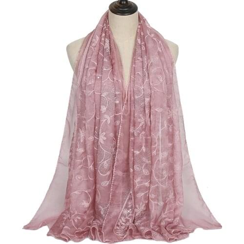 Embroidered Hijab Polyester Scarf Shawls Solid Color Floral Rhinestone Scarves Large Size Plain Muslim Women Headband 1PC Retail